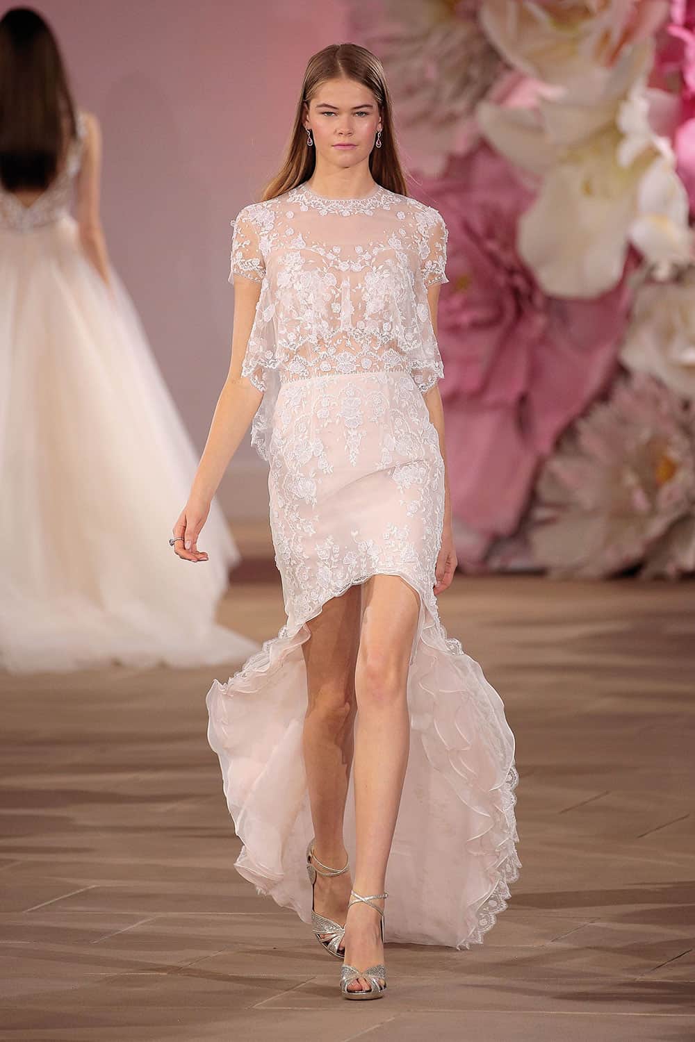 Pink wedding dresses: short at front, long at back rose skirt with sheer embelished bodice.