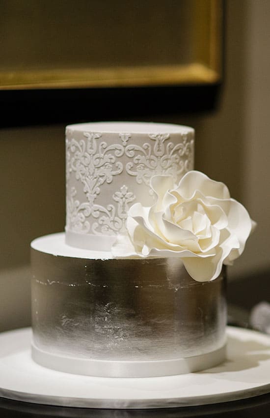 white and silver metallic wedding cake