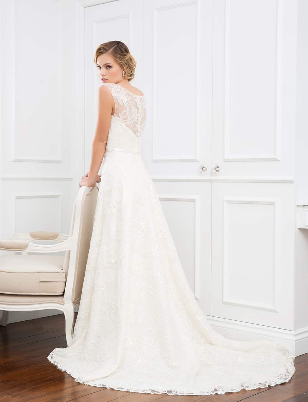 The Majelle gown with lace sheer back and lace train from Wendy Makin Couture.