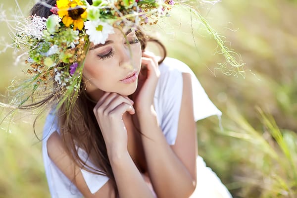 Bride wearing a flower crown.