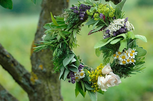Floral wreath with herbs.