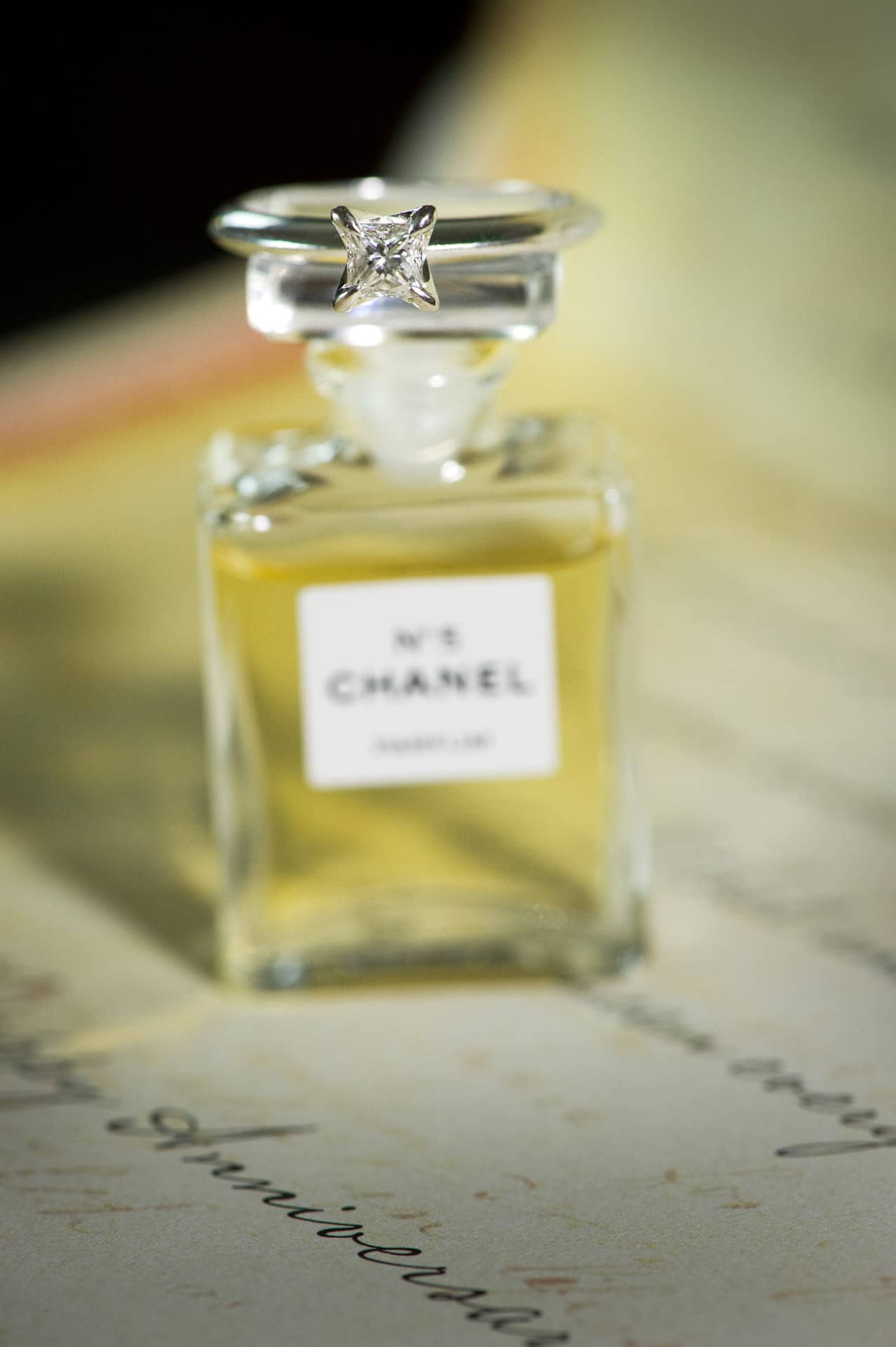 Square-shaped diamond ring with Chanel No.5