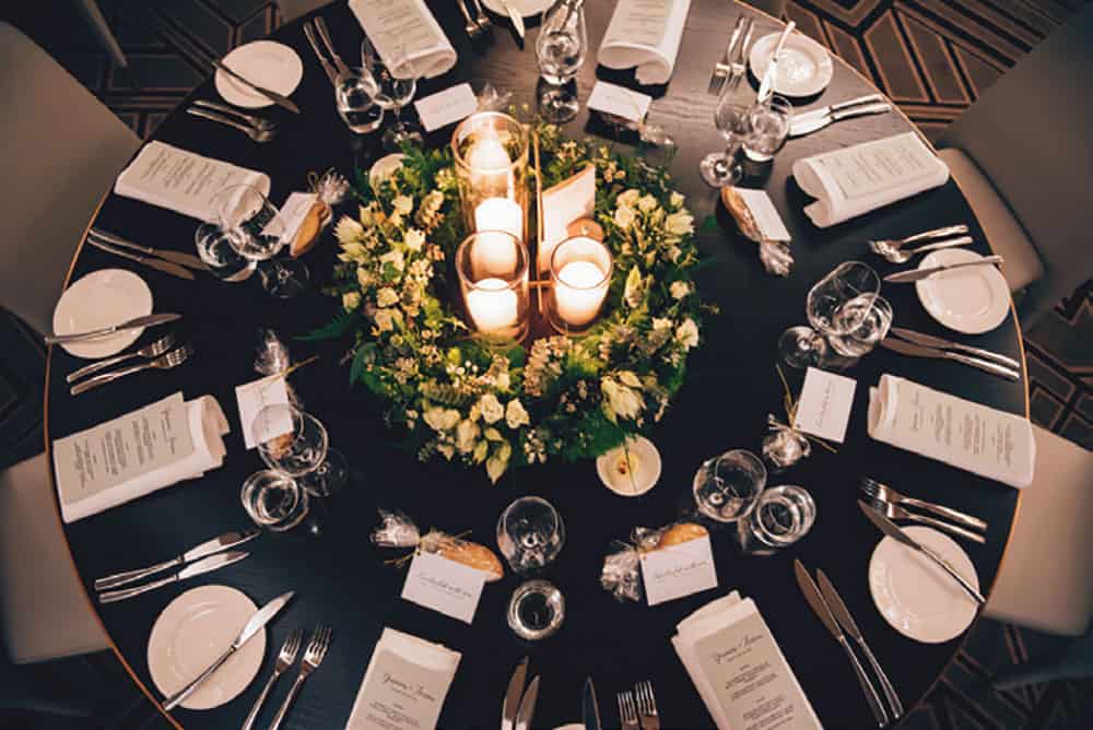 Wedding reception table setting at Blackbird Private Dining & Events.