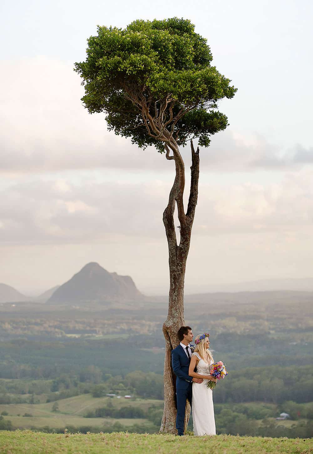 wedding couple at one-tree hill in Maleny