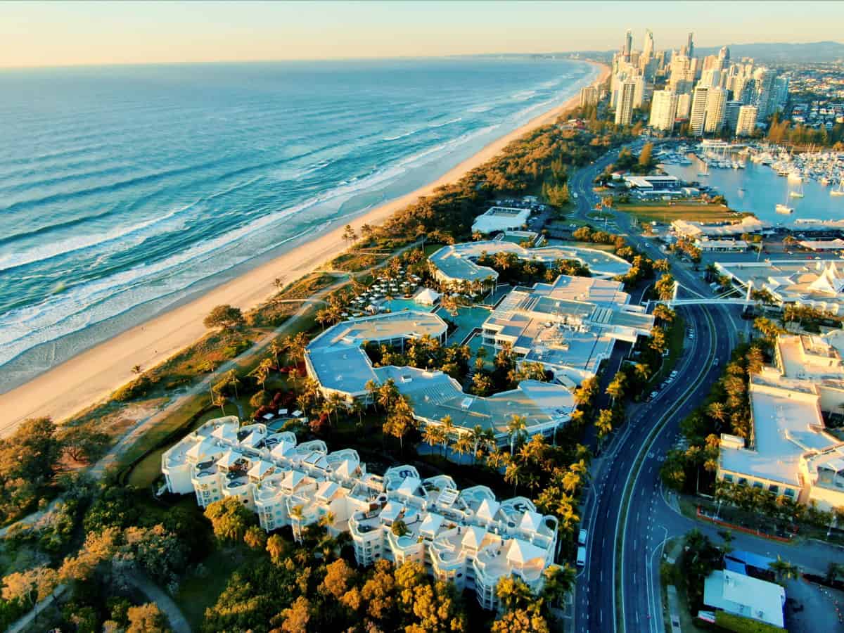 Sheraton-Gold-Coast-Weddings-drone-shot-of-the-vicinity-and-beach-during-sunrise