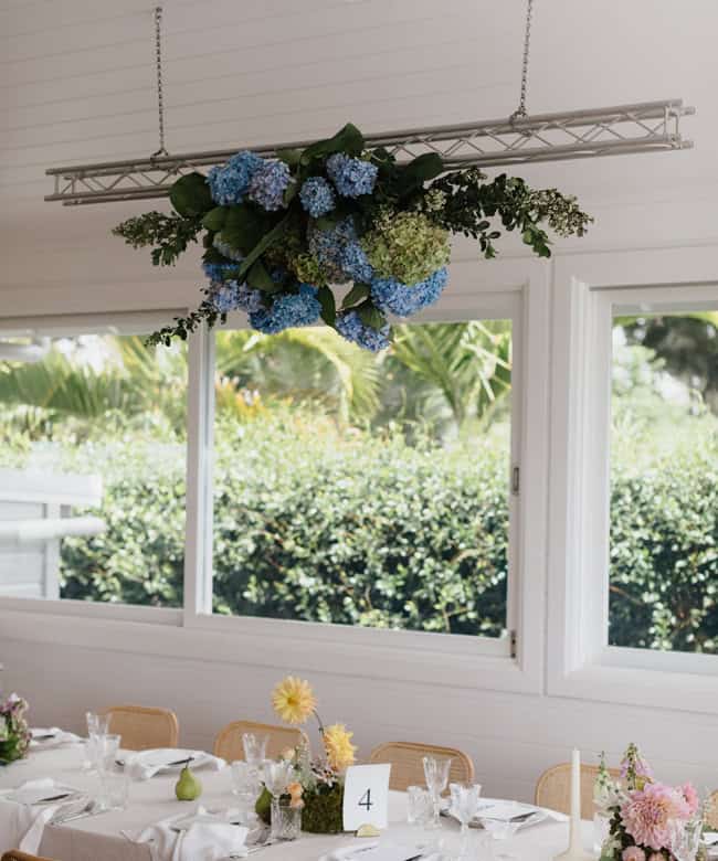 Or how about a hydrangea cloud for your reception styling? Bud & Willow Floral Design for Lillie & Jayden. Photo: Allumé Wedding Photography at Figtree Restaurant