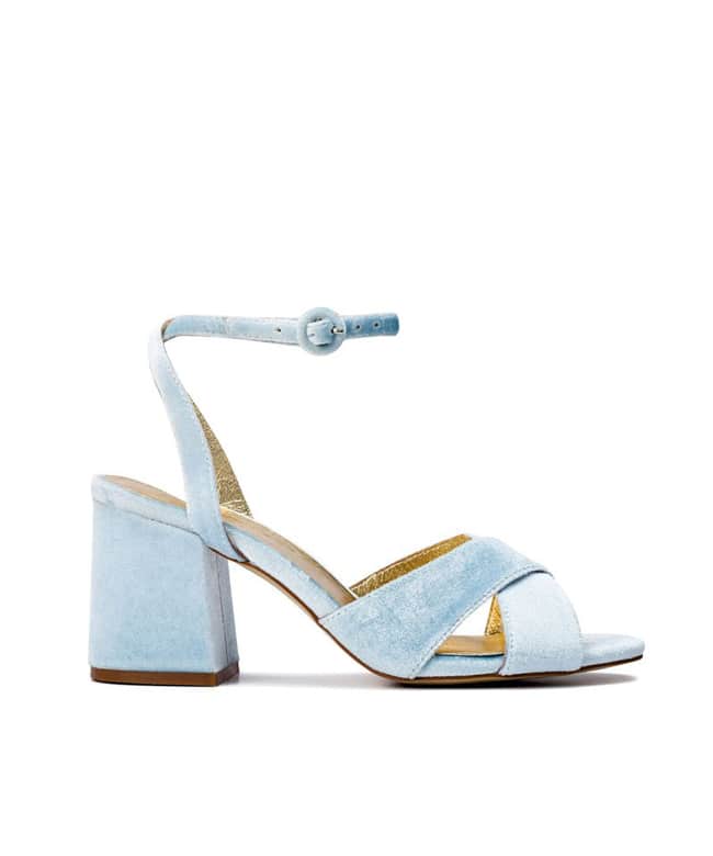 Imagine these powder-blue cuties peeking from under your gown. Australian-made ‘Dove’ velvet heels, Forever Soles.